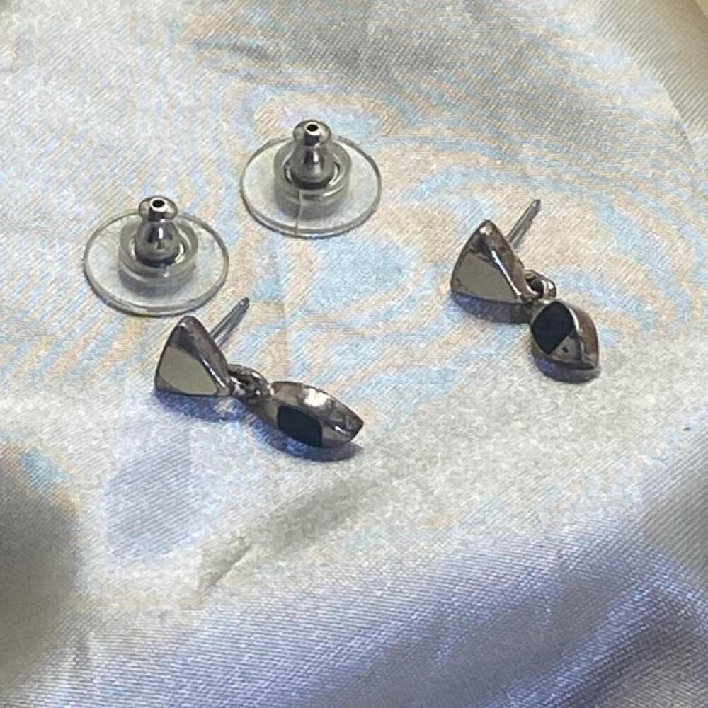 Vintage Monet Silver Tone Black Enamel Geometric Drop Pierced Earrings